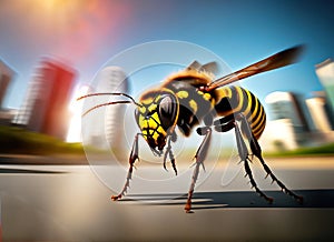 hornet running at high speed with city buildings,generated with AI. photo