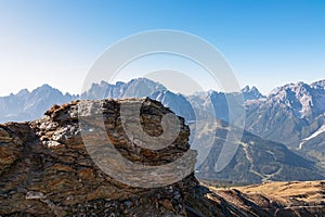 Hornischegg - Remains of military bunker of First World War on mount Hornischegg with scenic view of Dolomites