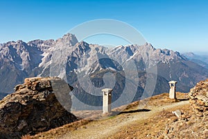 Hornischegg - Remains of military bunker of First World War on mount Hornischegg with scenic view of Dolomites