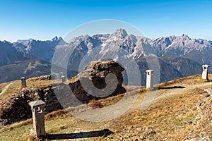 Hornischegg - Remains of military bunker of First World War on mount Hornischegg with scenic view of Dolomites