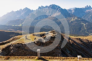 Hornischegg - Remains of military bunker of First World War on mount Hornischegg with scenic view of Dolomites