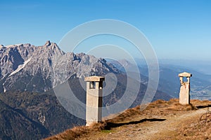 Hornischegg - Remains of military bunker of First World War on mount Hornischegg with scenic view of Dolomites