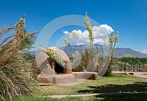 Horno Clay Oven with Yucca Blooms and Mountains. photo