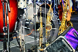 Horns on a bandstand or stage.