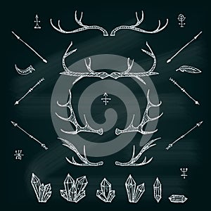 Horns, crystals, arrows, feather. Illustrated design elements set.Tribal elements. EPS vector