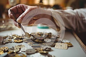 Horologist selecting a clock dial with tweezers