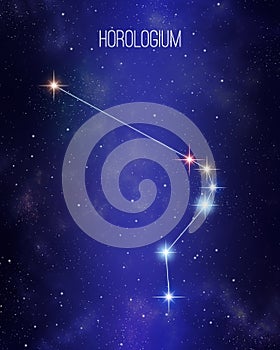 Horologium the clock constellation map on a starry space background. Stars relative sizes and color shades based on their spectral