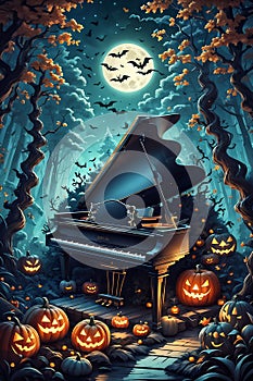 Horor scene of halloween, with piano in a whimsical forest, moonlit night, scary pumpkins arounds, bats, cartoon, music instrument