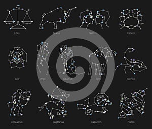 Horoscope, all Zodiac animals in constellation forms with line and stars.