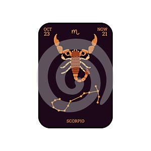 Horoscope Astrology Scorpio zodiac card with constellation, birth date, sign and symbol, flat Horoscope vector design