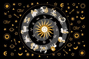 Horoscope and astrology. Horoscope wheel with the twelve signs of the zodiac. Zodiacal circle. Vector illustration