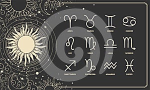 Horoscope banner with 12 zodiac sign symbols on mystical black background with sun, mystical poster, magic cover. Vector