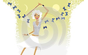 Horoscope chic ladies. Aries girl catches a butterfly net of blue butterflies