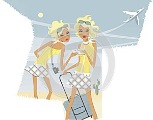 Horoscope chic ladies. Gemini. Two twin girls with one ticket and a travel suitcase. Airplane in the sky