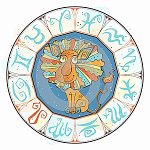 Horoscope for children sign Leo in the zodiac circle. Vector.