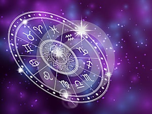 Horoscope circle on shiny backgroung - space backdrop with white astrology circle