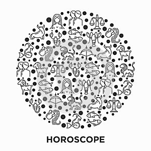 Horoscope concept in circle with thin line icons of zodiac signs: capricorn, aquarius, aries, pisces, virgo, libra, scorpio,