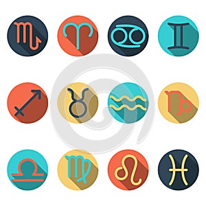 Zodiac flat buttons, icon set separated by elemental signs