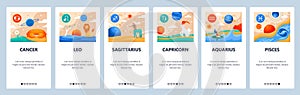 Horoscope signs vector set. Mobile app user interface with colorful icons. Zodiac symbols, cancer, capricorn, aquarius