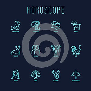 Horoscope thin line neon icons set. Zodiac signs: capricorn, aquarius, aries, pisces, virgo, libra, scorpio, sagittarius, taurus,