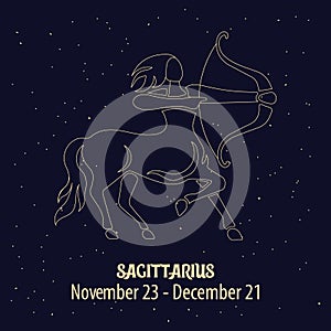 Horoscope, zodiac sign Sagittarius, golden design on a blue starry background. Illustration vector photo