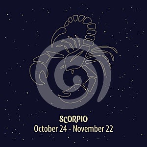 Horoscope, zodiac sign Scorpio, golden design on a blue starry background. Illustration vector