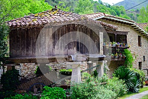 Horreo, typical granary with pillars near Cangas de Onis, mountain village, Picos de Europa mountains, Asturias, North of Spain