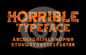 Horrible alphabet font. Grunge letters and numbers.
