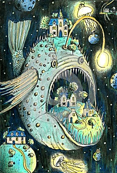 Horrible deep sea fish in the cosmos with houses, jellyfish and small planets.