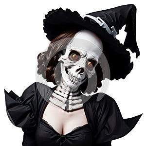 Horrifying Halloween witch with skull face isolated on white background, and optional png file