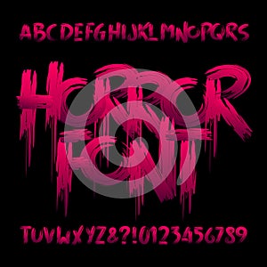 Horror alphabet font. Uppercase handwritten bloody letters and numbers.