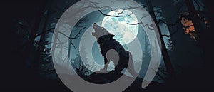Horror angry werewolf howling at the moon in a forest with twisted trees Halloween background