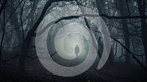 Horror background of a ghostly figure in enchanted a forest on a moody, foggy night. Halloween concept