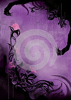 Horror background with grunge flowers and a spider web