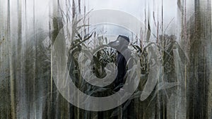 A horror concept of a scary hooded man standing in a field of corn wearing a plague doctor mask looking at the sky. With a grunge