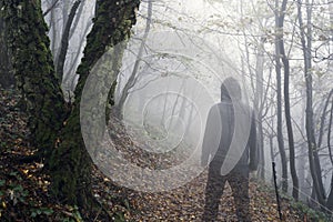 A horror concept of a transparent supernatural ghost like figure. Standing in a spooky misty forest