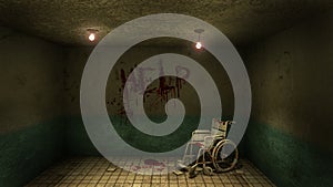Horror and creepy front of the examination room and wheelchair in the hospital and help Blood .3D rendering photo