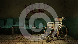 Horror and creepy seat waiting and wheelchair in front of the examination room in the hospital and help Blood .3D rendering