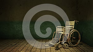 Horror and creepy walk way and wheelchair in front of the examination room in the hospital.3D rendering
