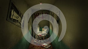 Horror and creepy walk way and wheelchair in front of the examination room in the hospital and help Blood .3D rendering