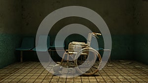 Horror and creepy wheelchair moving in front of the examination room in the hospital.3D rendering