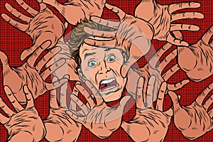 Horror fear background, hands and frightened face