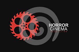 Horror film cinema logo  logo template. Stylized movies reel and circular saw on black background. Entertainment logotype