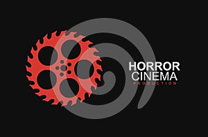 Horror film cinema logo vector logo template. Stylized movies reel and circular saw on black background. Entertainment