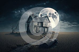 Horror house with full moon. Generative AI