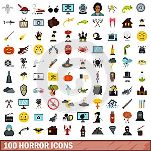 100 horror icons set, flat style