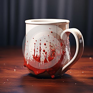 Horror-inspired Photorealistic Rendering Of Dripping Red Mug On Wooden Table