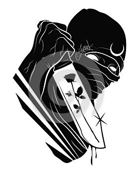 Horror maniac with knife and rose vector illustration. Man with dagger in blood concept. Gloating killer holding bloody