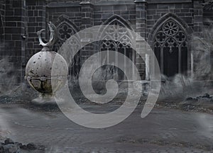 Horror. Medieval Mystic Spooky Castle with Archway in Dusk. Desolation in Mist