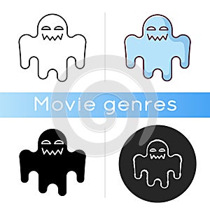 Horror movie black glyph icon. Scary film genre, creepy ghost story silhouette symbol on white space. Popular cinema